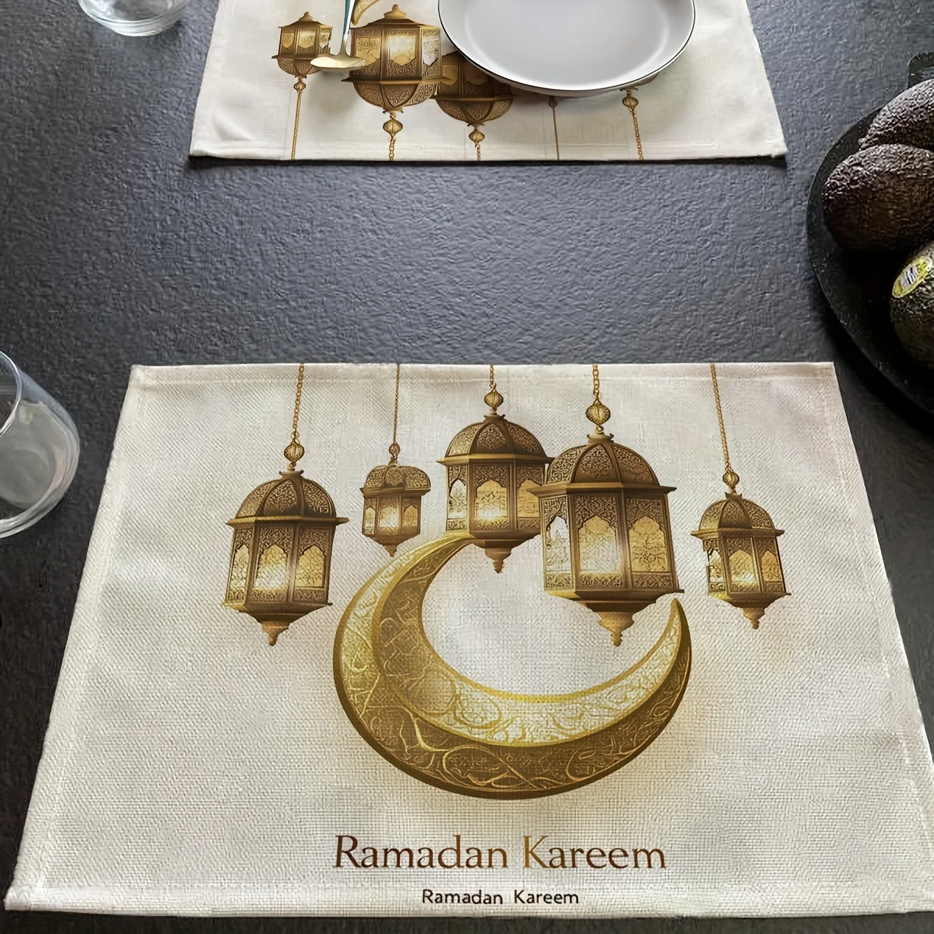 

1PC Youya Ramadan & Eid al-Fitr Table Mats - Heat-Resistant Linen Placemats with Crescent Moon & Lantern Design