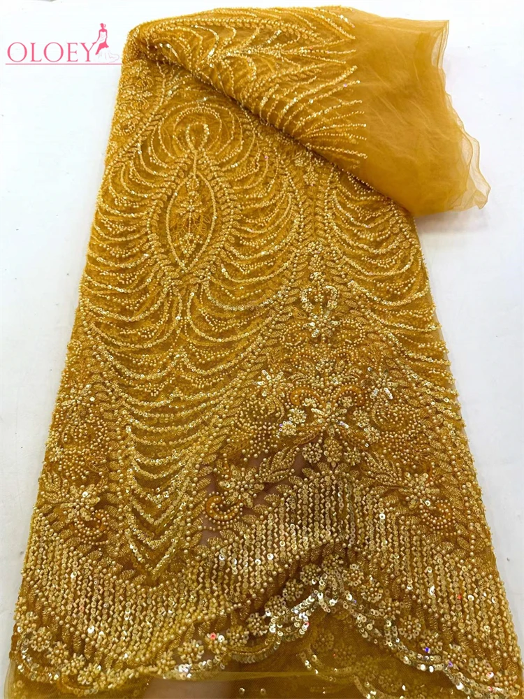 

OLOEY Beautiful Nigerian Sequins Party Lace African Beads Lace Fabric 2026 High Quality 5Yards African French Tulle Net Lace