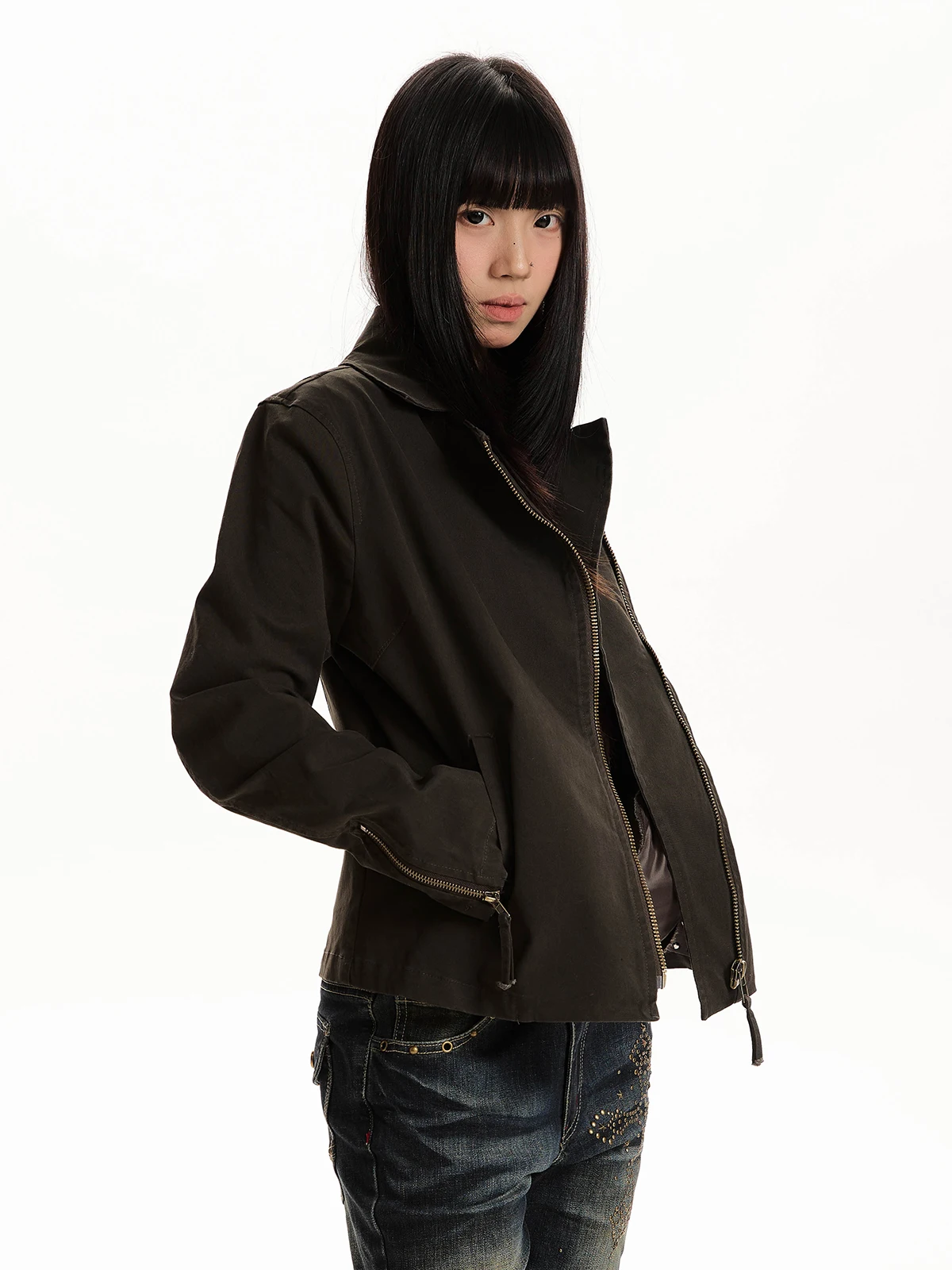 Jaqueta Feminina Aket Retrô Estilo Workwear Cleanfit Americana Neutra para Motocicleta com Zíper e Manga Longa