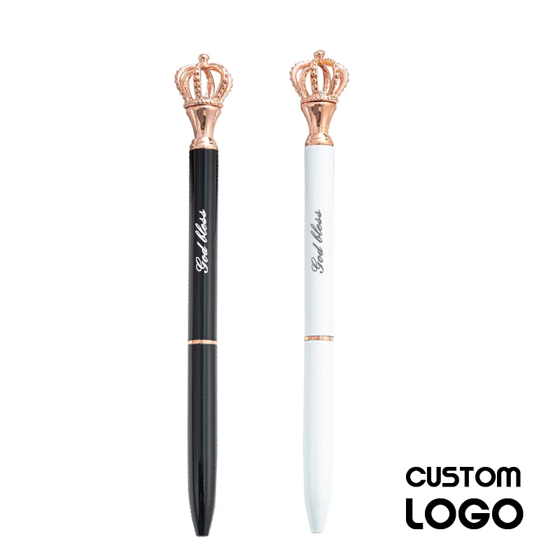 

10 шт. металлических шариковых ручек с индивидуальным логотипом, черно-белые, с большой короной, милым мультяшным дизайном, модные, персонализированные рекламные подарки, деловые ручки