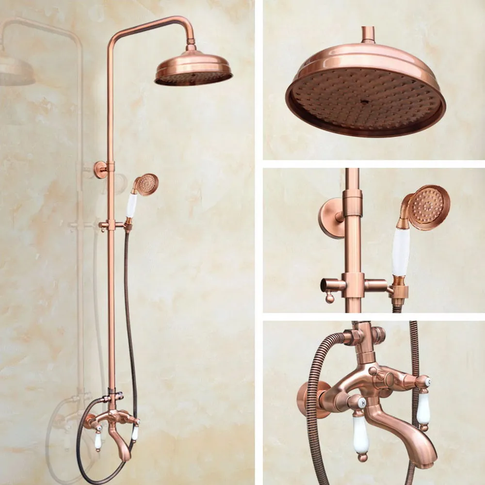 

Antique Red Copper Wall Mounted Rain Shower Faucet Tub Spout Mixer Tap W/ Hand Shower Sprayer Tap Brg564