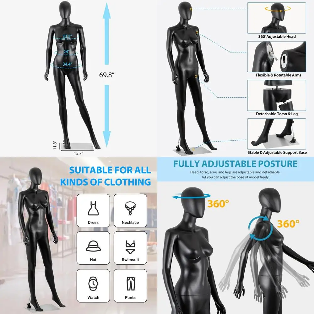 

69 Full Body Female Mannequin with Adjustable Stand for Realistic Display and Draping, Black