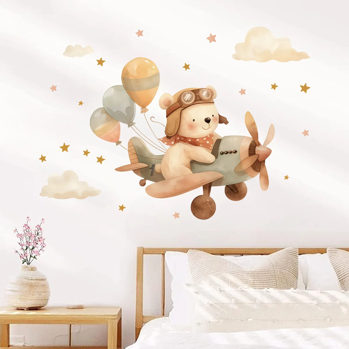 Cartoon Airplane Bear Wall Stickers For Children's Room Kids Bedroom Decor Self-adhesive Wallpaper Removable Home Decoration