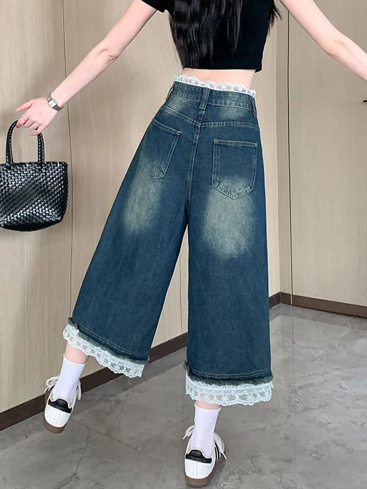 여름 여성용 미국 레트로 레이스 패치워크 블루 패션 청바지, 하이웨이스트 슬리밍 와이드 레그 크롭 팬츠