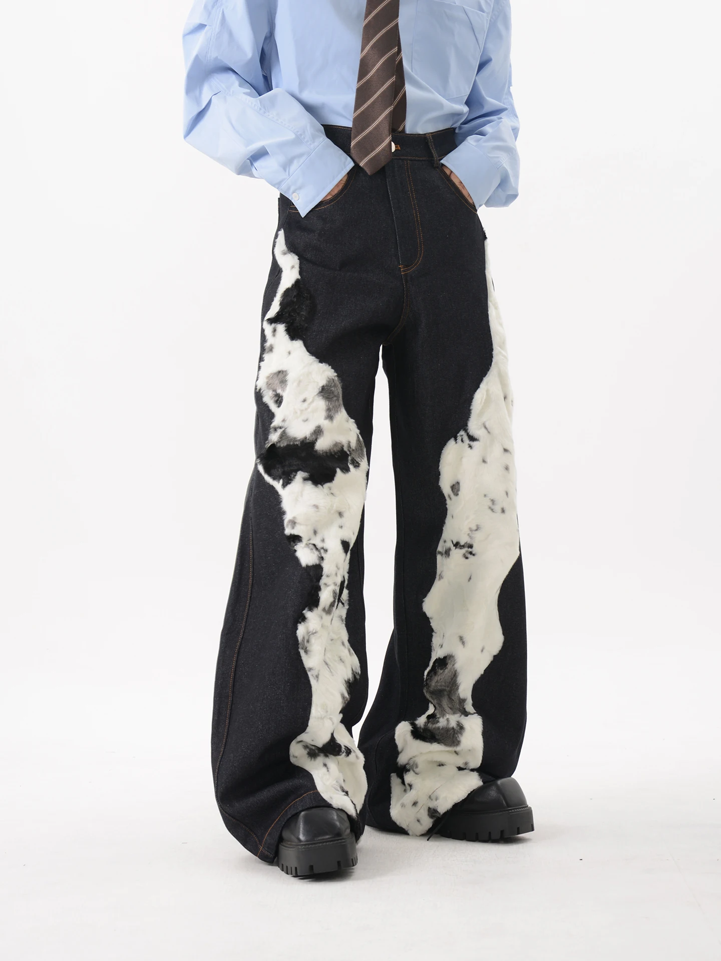 

Niche Designer Deconstructed Design Stitching Plush Jeans Men's Autumn Loose Wide Leg Mop Pants