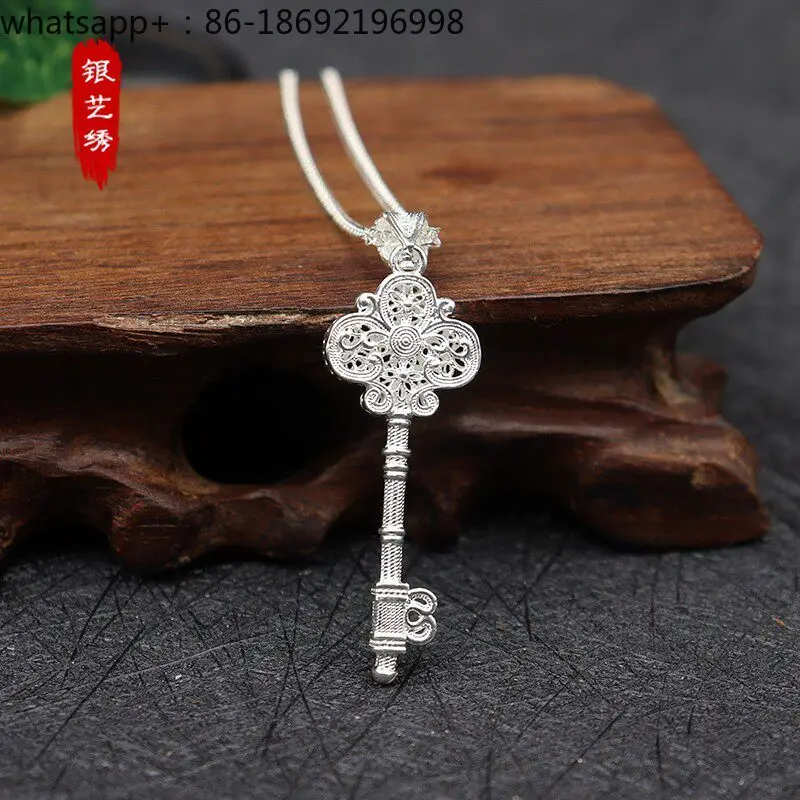 999 Sterling Silver Key Pendant Necklace Women's Handmade Filigree Craft Foot Silver Collarbone Chain Neck Jewelry