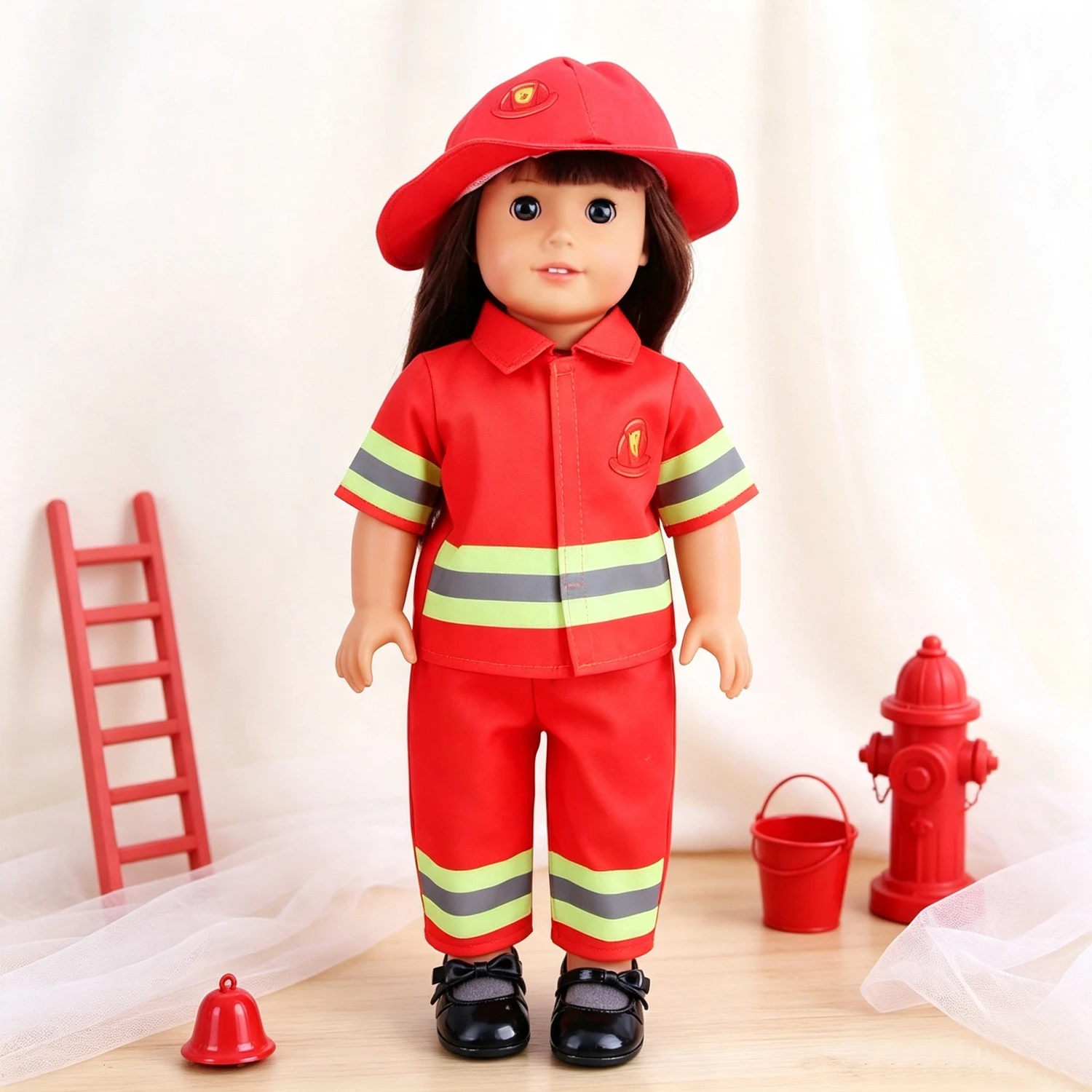 Red Firefighter Doll Uniform Set Top Pants Hat + Shoes Doll  Clothes Outfit Accessories For 18-Inch American & OG Girl Dolls Toy - view 4