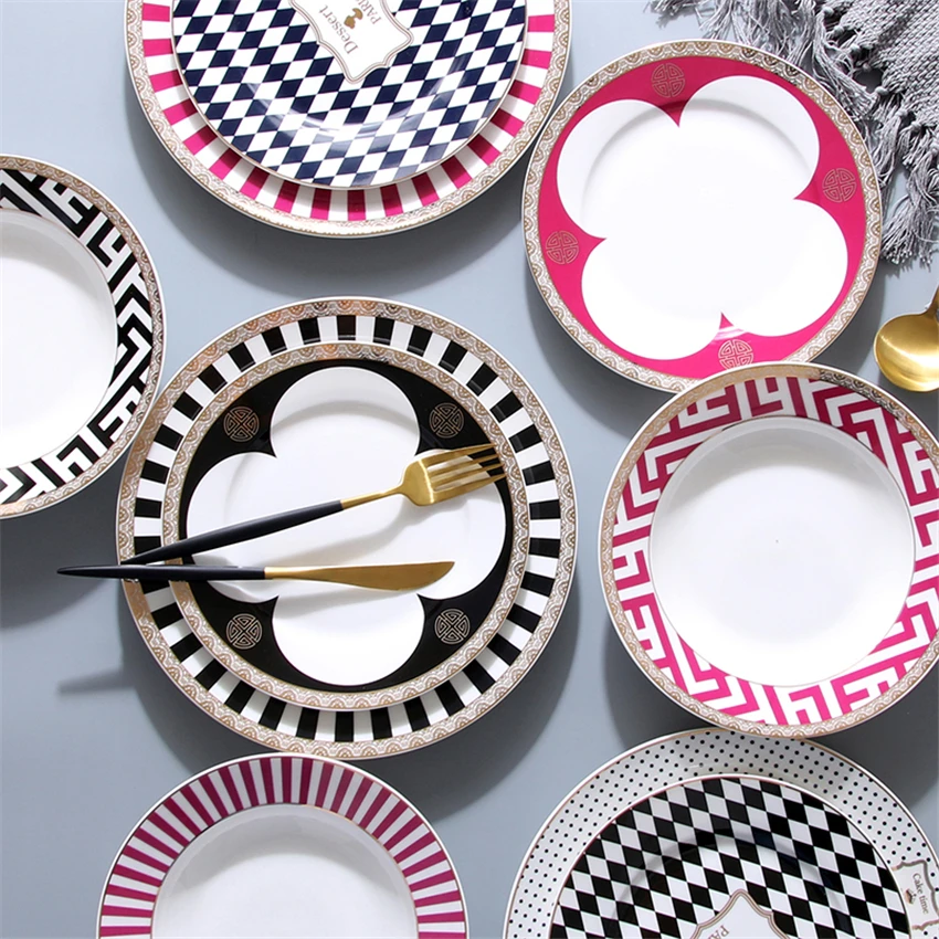 

Nordic Creative Tableware Gold Wire Geometry Tableware Ceramic Dinner Dish Porcelain Dessert Food Fruit Steak Pasta Plates