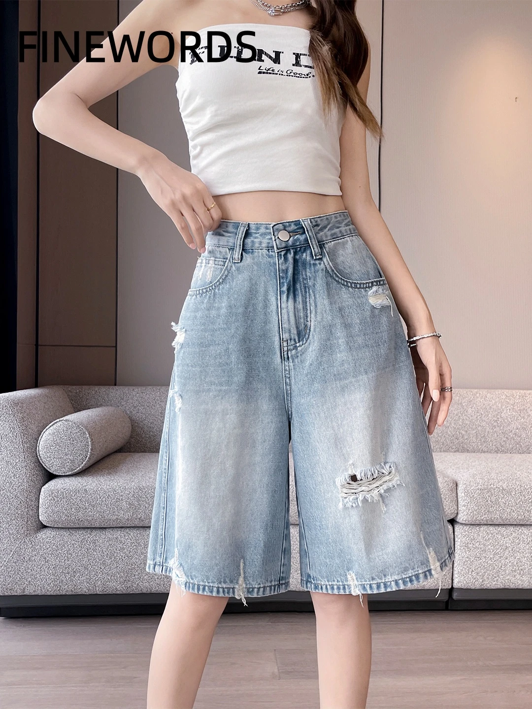 FINEWORDS Vintage Light Wash High Waist Ripped Denim Bermuda Shorts Women Distressed Wide Leg Knee Length Jean Shorts Y2K
