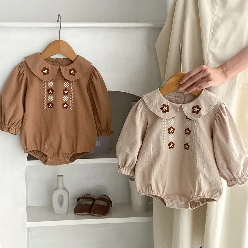 

INS Baby Girl Romper 0-2Years Cute Newborn Infant Long Sleeve Peter Pan Collar Embroidery Flower Cotton Bodysuit Outfits Clothes