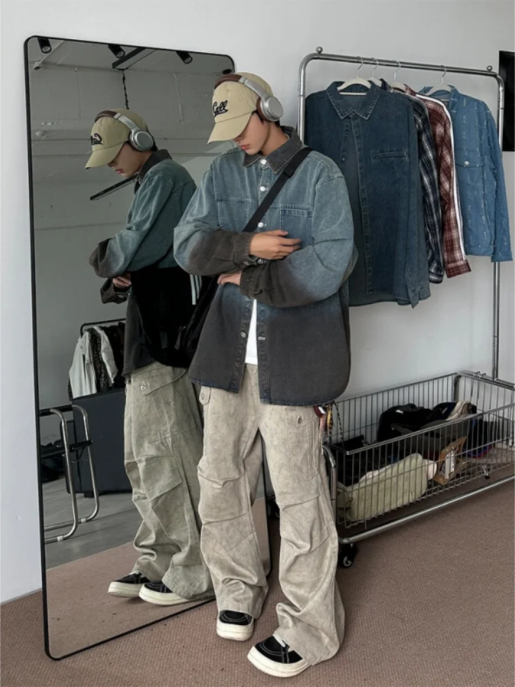 

adient Color Denim irt Men's Spring Autumn American Retro Cleanfit Top Teenage Haome Casual Jaet Loose Fit Long Sve