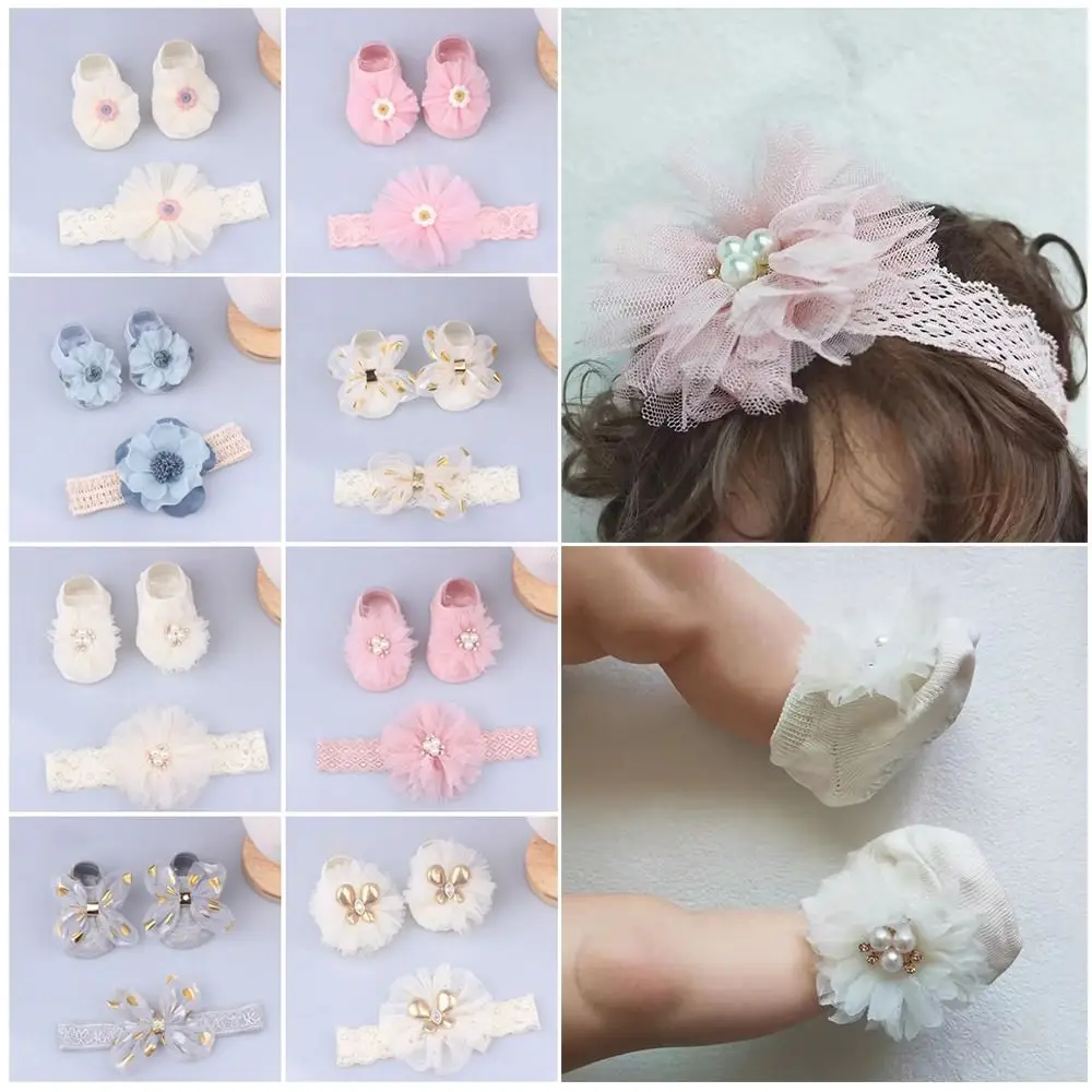 Cute Cotton+Lace Headband Socks Set Socks Anti-slip Comfortable Turban Pearl Bows Girl Hair Accessories