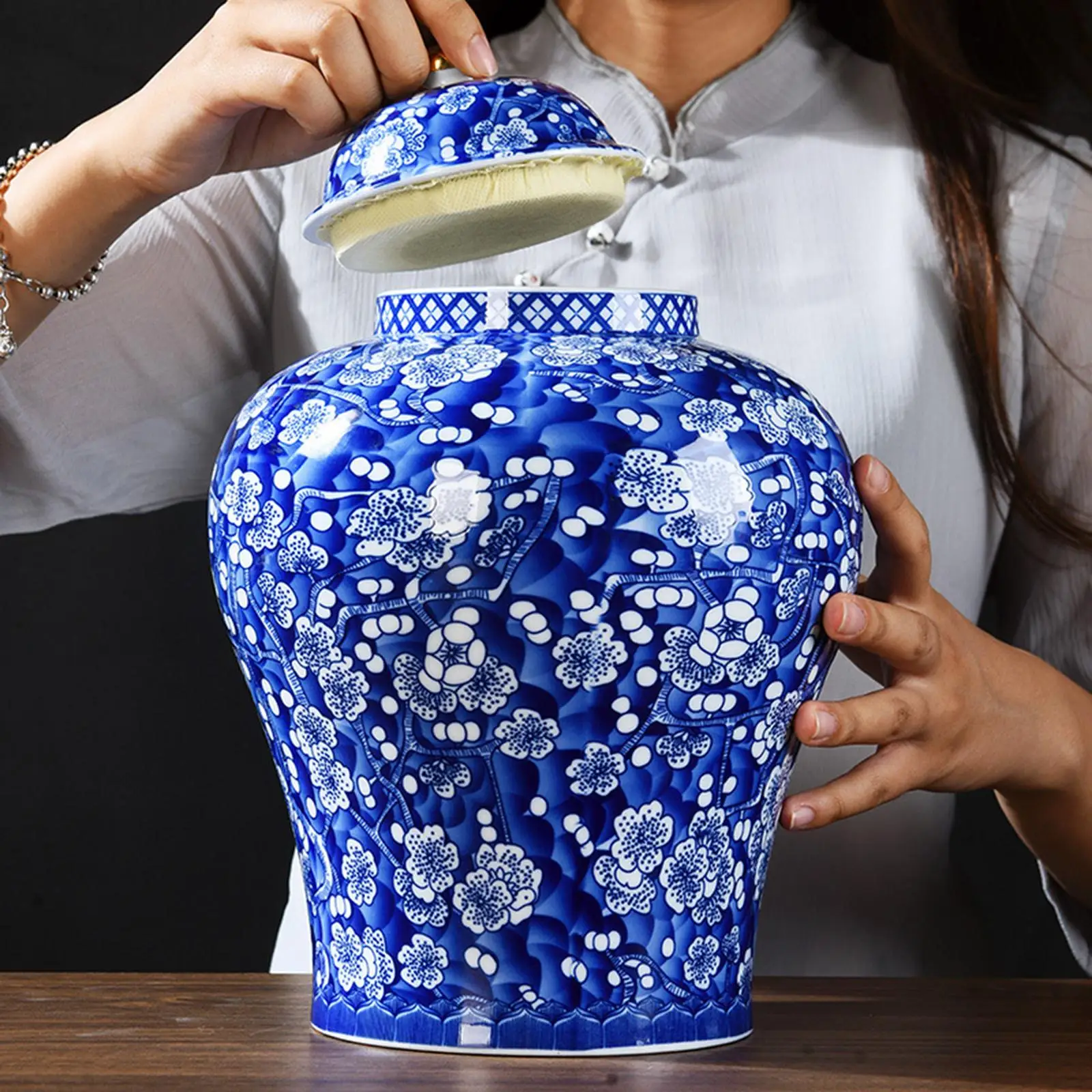 Chinese Plum Ceramic Bud Vase Ginger Jar Temple Jar Exquisite Smooth Blue and White Asian Decor Glazed Hand Painted Tea Storage