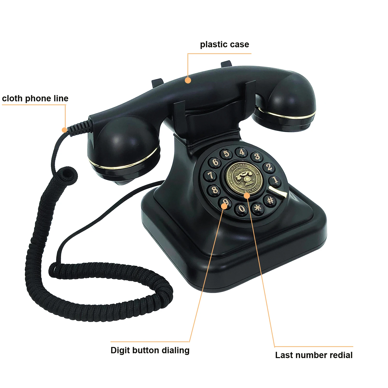 Corded Landline Phone for Home, Black Retro Phone Vintage Plastic Telephone Desktop Landline Telephone Fixed Antique Telephone