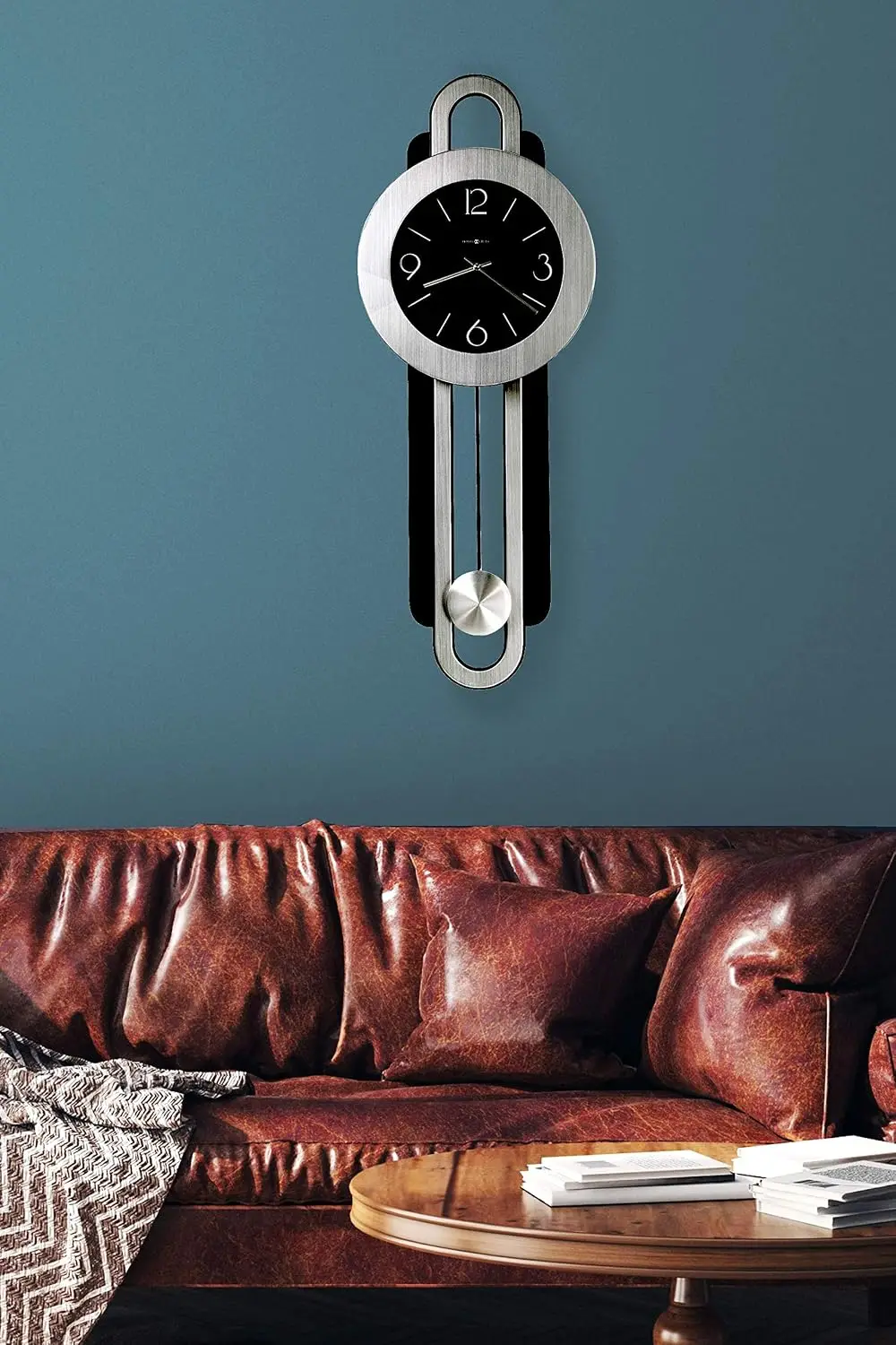 Howard Miller Gwyneth Wall Clock – Black Dial, Arabic Numerals, Quartz Movement, Silver Pendulum Bob, Brushed Nickel & Satin-Bla