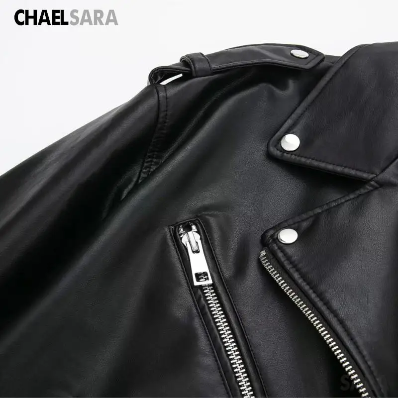 High Quality 2024 Spring Autumn Women Fashion Oversize Black Faux Leather Jacket Coat Female Casual Zipper Biker Outwear Tops