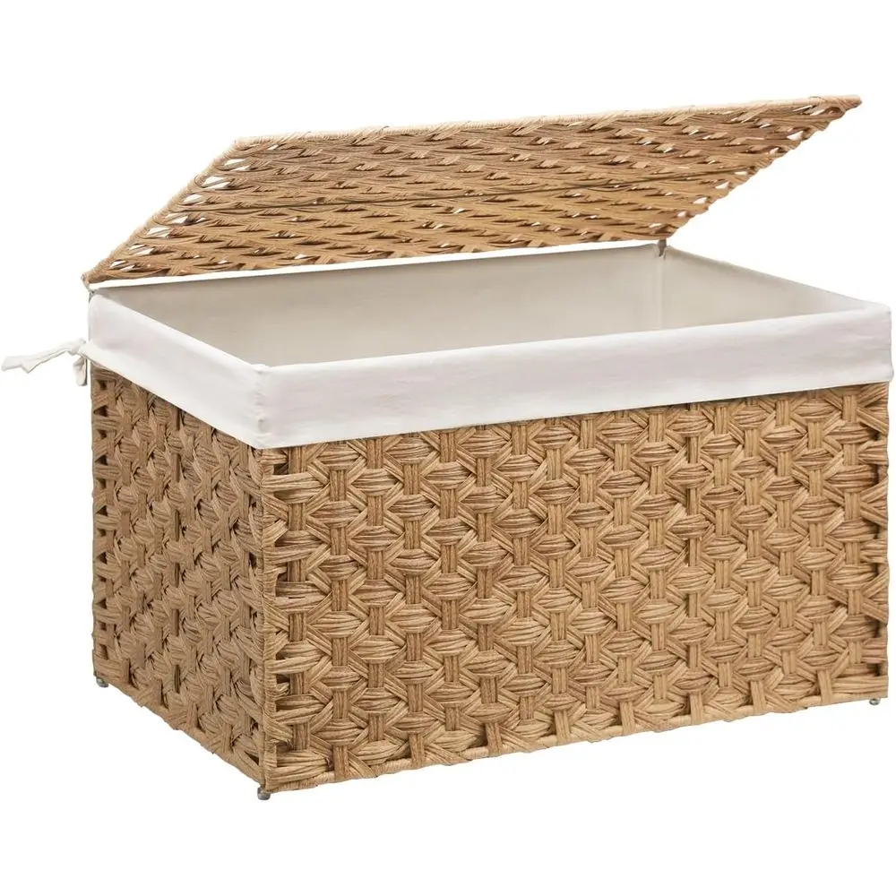 

Wicker Storage Basket with Lid, 27.7 Gallon (105L) Large Blanket Basket with Lid, Woven Storage Bin with Handles, Removable Line