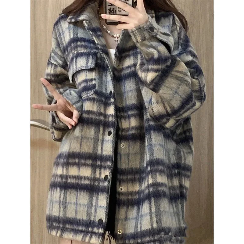 

Женское шерстяное пальто, клетчатая куртка с отложным воротником, однобортное шерстяное пальто, уличная одежда, осенне-зимняя винтажная верхняя одежда
