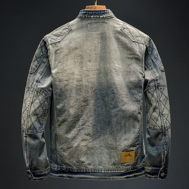 Vintage shawl stitching denim jacket for men stand-up collar slim fit handsome casual nostalgic washed street motorcycle jacket