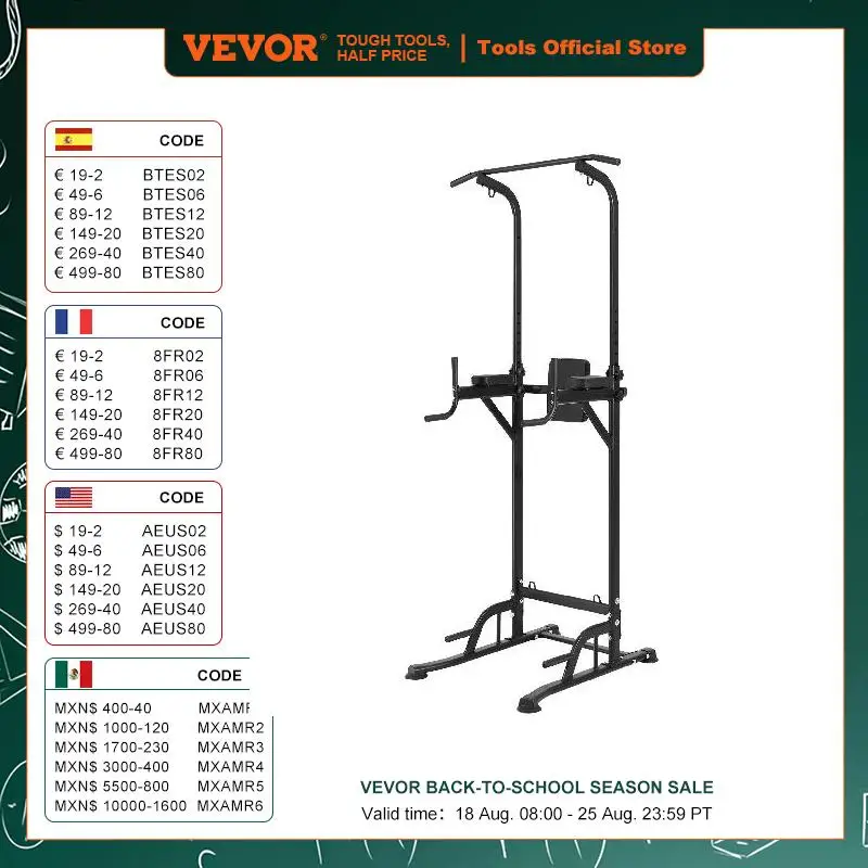 

VEVOR Power Tower Dip Station 10-Level Height Adjustable Pull Up Bar Stand Multi-Function Home Gym Strength Training Equipment