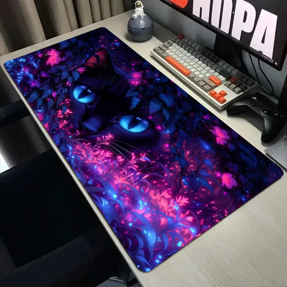 Mysterious blue-eyed black cat Mouse Pad Desk Mat Stitched Edge Non-Slip gaming mats pc accessories keyboard desk pad mauspad