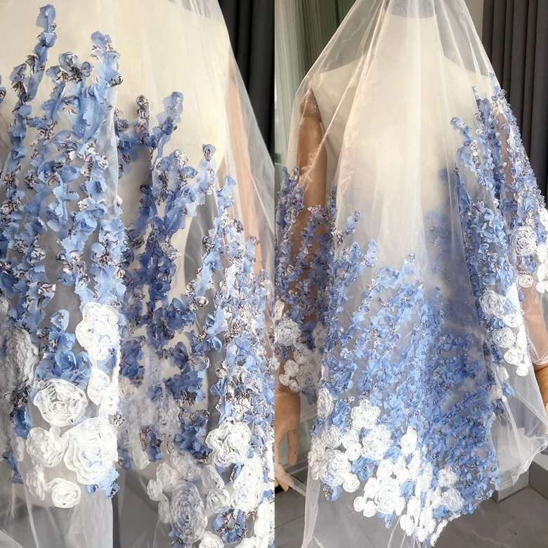 

Blue Organza 3D Three-dimensional Floral Fabric Chiffon Texture Flower Fabric Clothing Dress Evening Dress Accessories