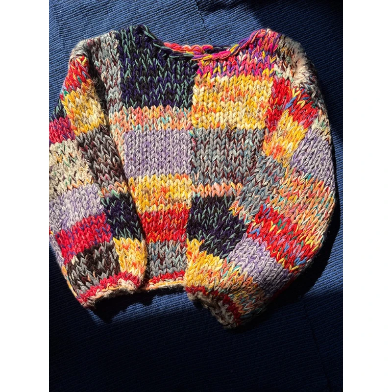 Women’s Vintage Chunky Knit Sweater Color Block Patchwork Pullover Long Sleeve Handmade Style 2025 Autumn/Winter New in Knitwear