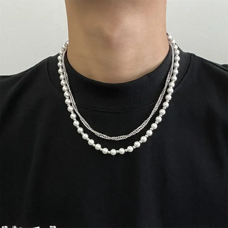Trendy brand double-layer pearl necklace men's senior ins cold wind niche design hip-hop neck chain couple accessories