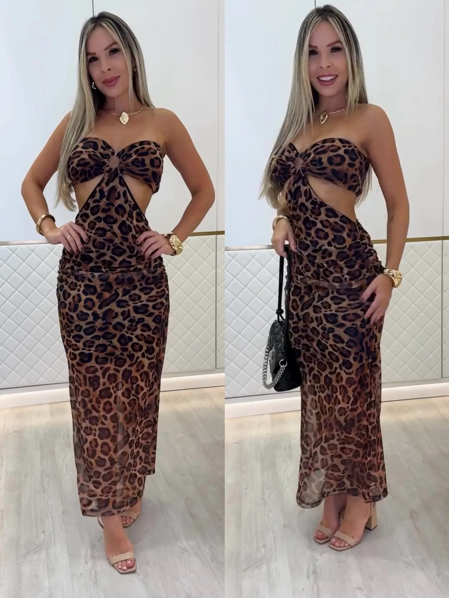 فستان أنبوبي مثير بنقشة الفهد، مكشوف الظهر، تنورة طويلة ملفوفة، خصر مرتفع، بدون أكمام، أزياء نسائية صيفية عصرية من ماركة صينية