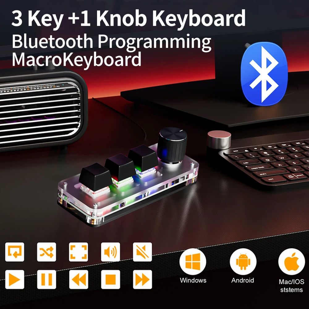

Bluetooth Macro Mechanical Keyboard 3 Keys 1 Knob Custom Programming Hotswap for Gaming Photoshop Mini Keyboard Keypad