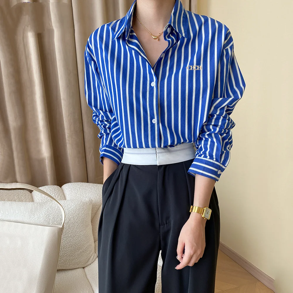 

Women Shirts New Fashion Classic French Stripe Loose Female Tops Casual Single Breasted Long Sleeve Shirt Commuting Lady Tops