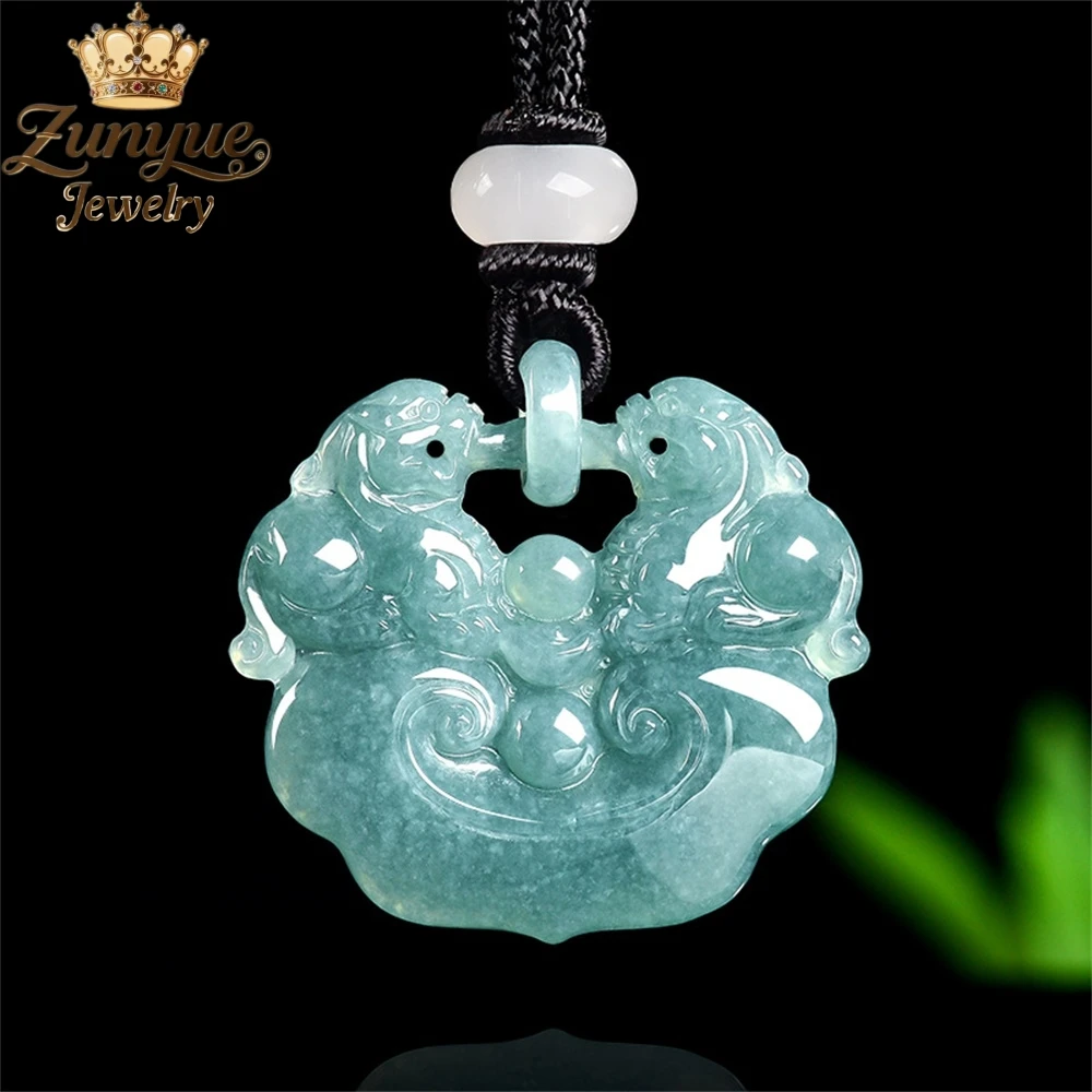 

Natural A-Grade Jadeite Blue Water Double Pi Xiu Lucky Ice Type Jade Pendant Luxury Quality Fashion Fine Jewelry Charms Popular