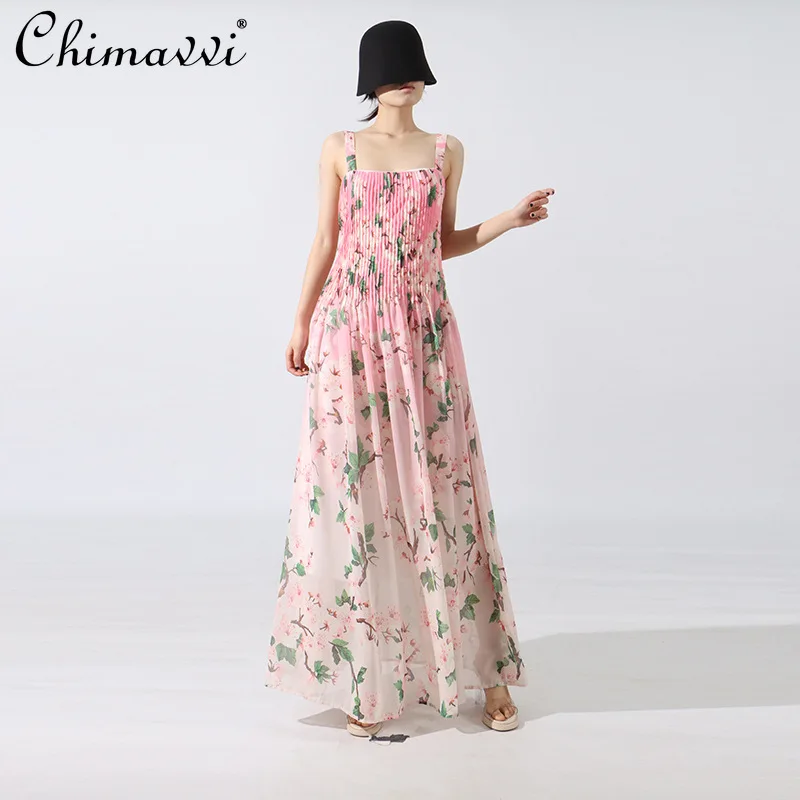 

French Elegant Retro Casual Vacation Summer Dresses Square Neck Sleeveless Fashion Print High Waist Big Flared Long Dress Women