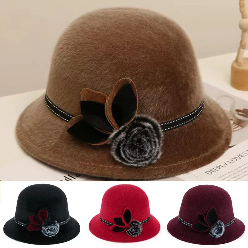 Autumn Winter Wool Women Elegant Church Hat Ball Ribbon Solid Color Ladies Jazz Cap New Female Bow Bowler Wedding Ceremony Cap