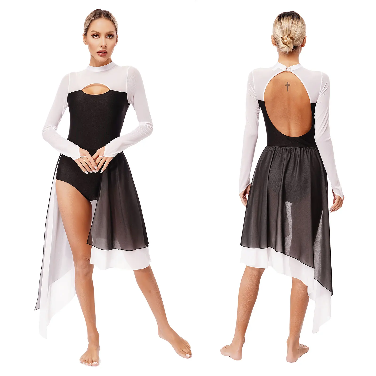 

Women Sheer Mesh Skirts Lyrical Dance Dress Figure Ice Skating Performance Costume Backless Long Sleeve Leotard Bodysuit Dress