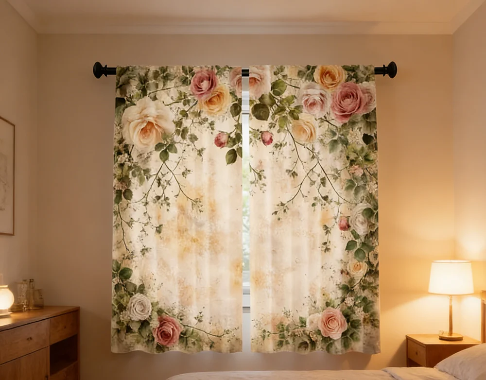 2PCS Digital Printed Curtains, Vintage Retro Flower Victorian Classic, Modern Home Decor Style for Living Room Bedroom Decor