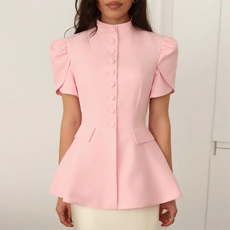 

Women's Clothing 2025 Summer New Fashion Stand Up Collar Buckle Solid Color Waist Slimming Short Sleeved Suit Top