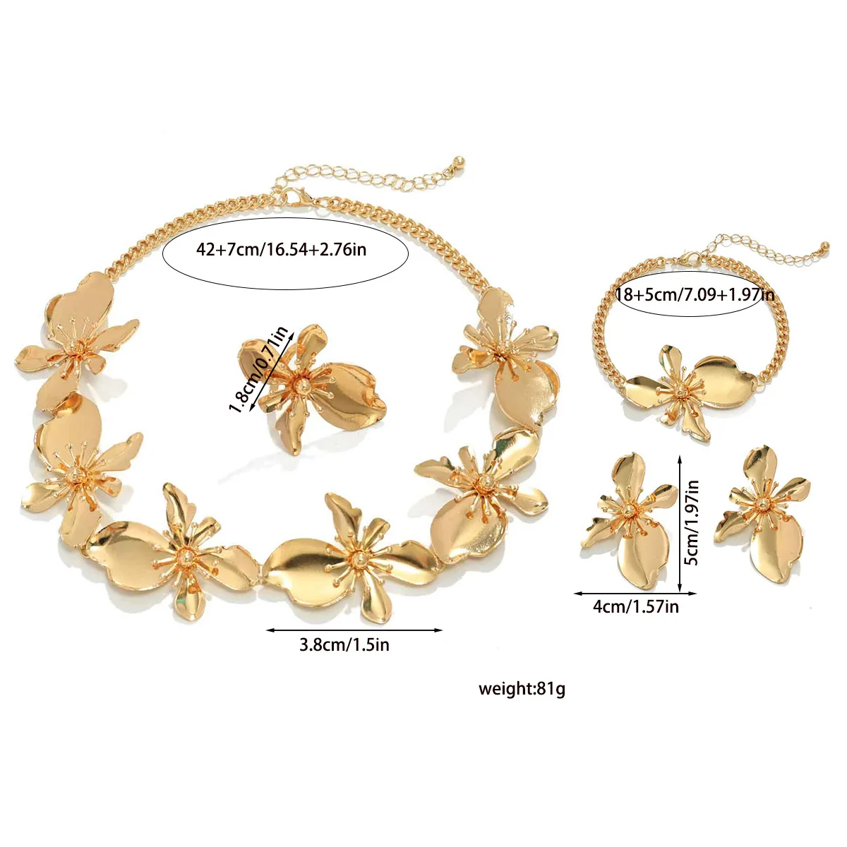 مجموعة مجوهرات زهرة ثلاثية الأبعاد ذهبية عتيقة، مجموعة أقراط وقلادة وسوار وخاتم للنساء، مجموعة مجوهرات عصرية أنيقة مبالغ فيها بالزهور