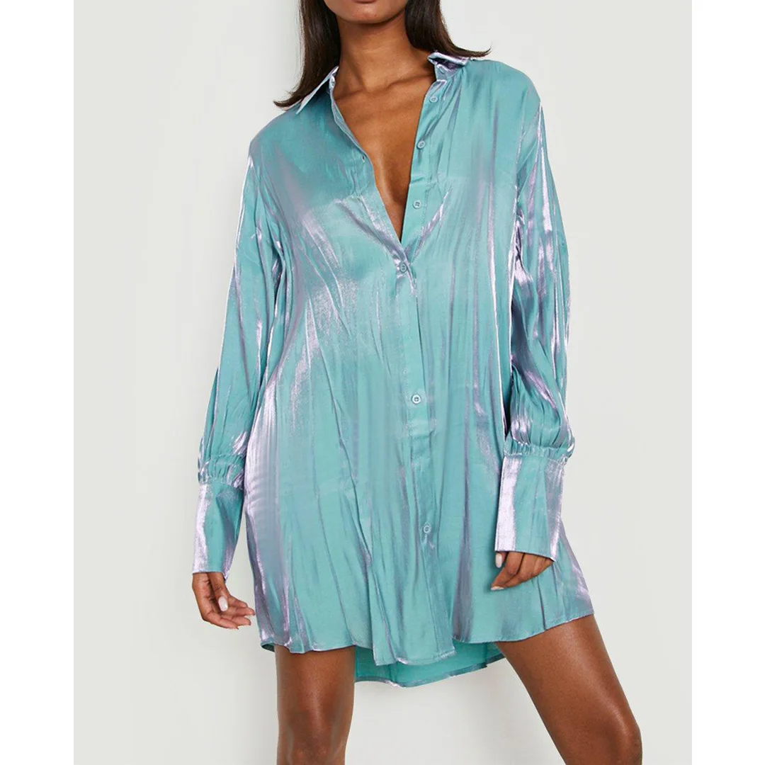 Women's Solid Color Sparkling Comfortable Loose Long Shirt Dress 2024