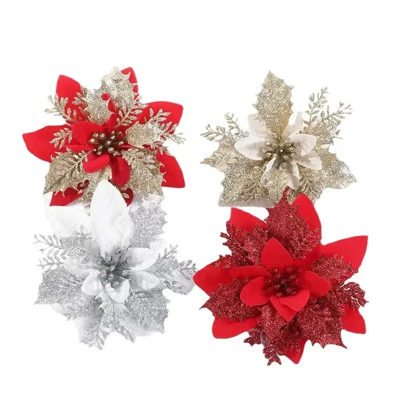 Christmas Flowers Christmas Tree Decorations Home Glitter Artifical Fake Flower Xmas Ornaments New Year Deco