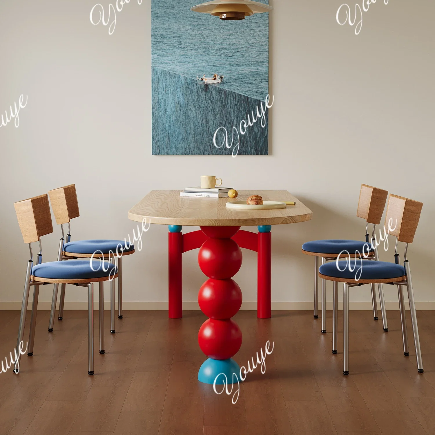 طاولة طعام من الخشب الصلب Q Middle Bauhaus، شقة صغيرة، طاولة طعام محظورة بالألوان، مكتب ملون من الحائط إلى الحائط شبه دائري #3