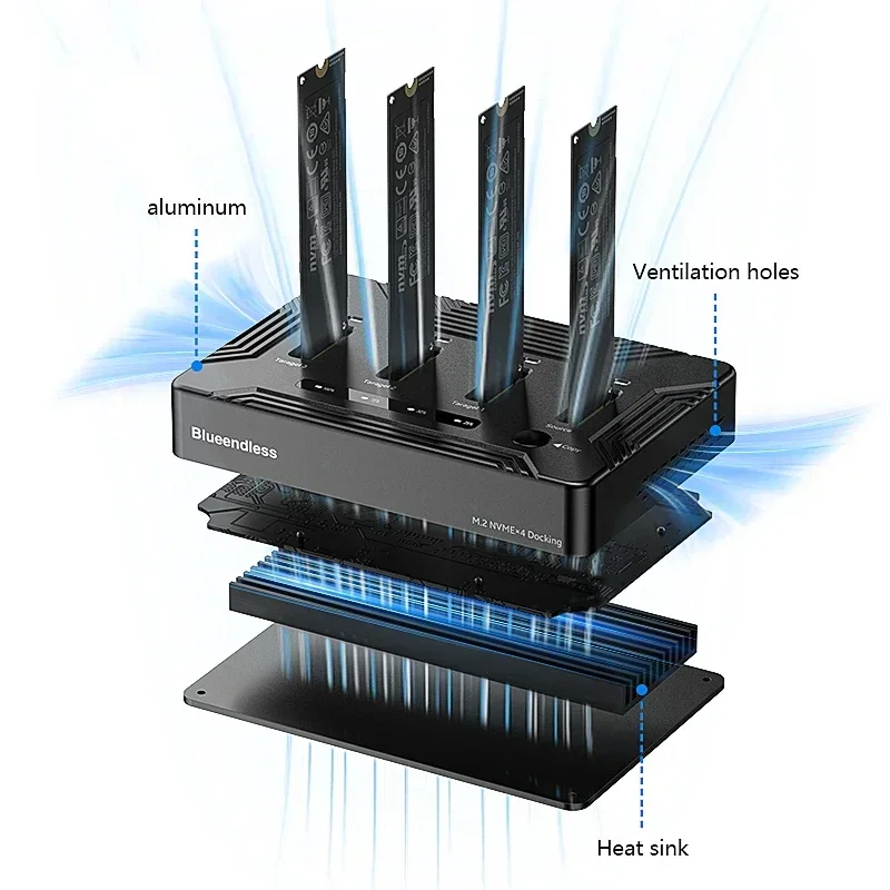 Aluminum M.2 SSD Enclosure 32T Capacity 40G Speed Type C USB4 4 Bay M.2 NVMe SSD Docking Station