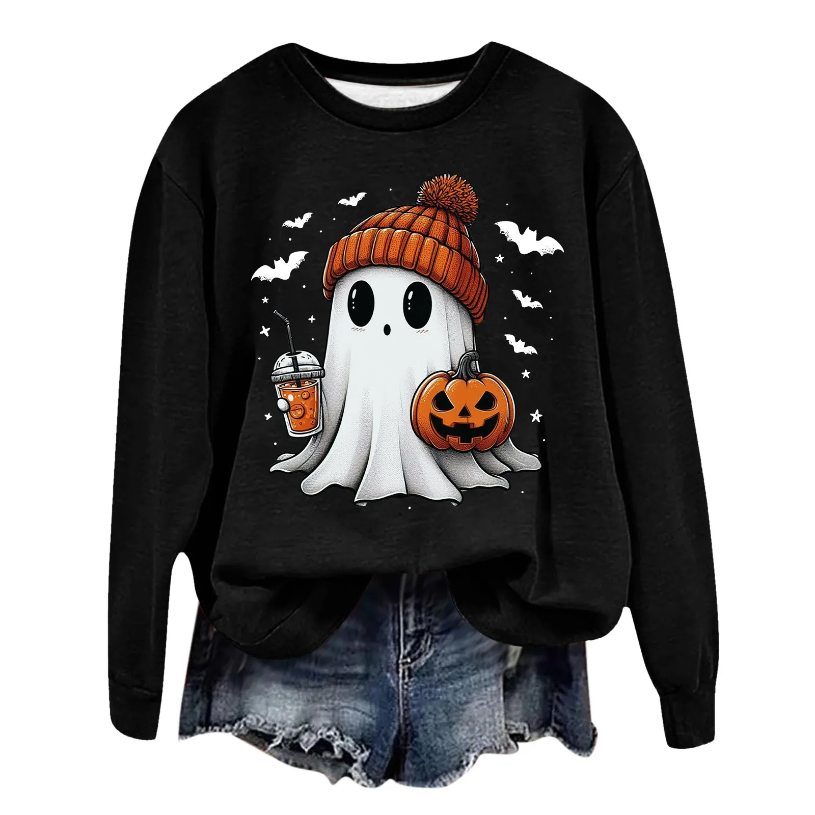 Cartoon Ghost Pumpkin Print Sweatshirt, manga comprida, gola redonda, Hoodless, solto, minimalismo, Y2K, fofo, Halloween