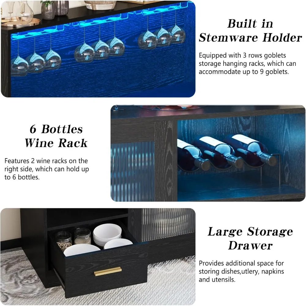 Wine Bar Cabinet with LED Light,with Wine and Glass Rack, Modern Kitchen Coffee Bar Cabinet with Storage, Buffet Sideboard