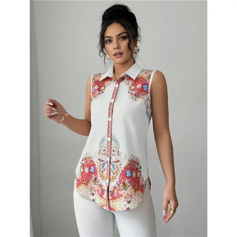 NEW-Women Collared Sleeveless Print Button Down Shirts Blouses Casual Basic V Neck Tank Tops For Work 3