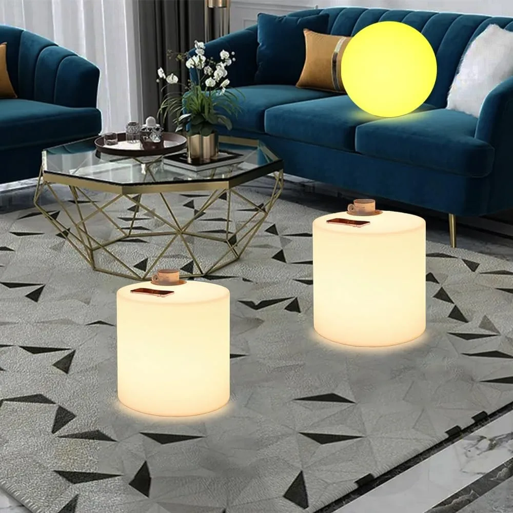 Tamborete de cilindro LED de 16 polegadas, cadeira brilhante LED recarregável com controle remoto, regulável 16 cores RGB mudando versátil assento lateral / mesa LED