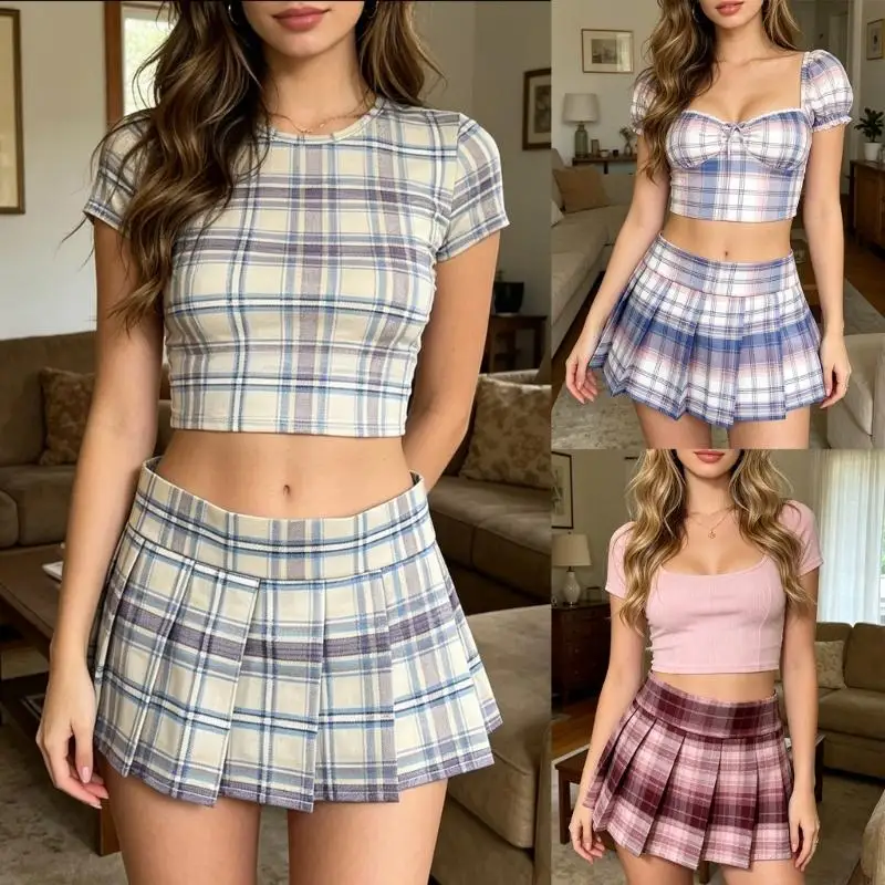 Check Pattern Mini Skirt for Women Lingerie Pleated A Line Short Skirt