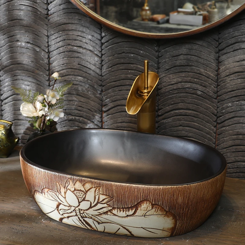 Jingdezhen ceramic countertop basin, retro lotus washbasin, household balcony washbasin, courtyard antique art washbasin