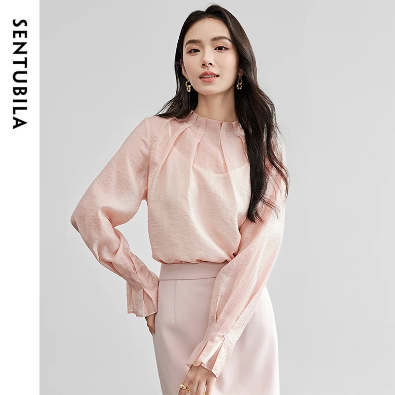 SENTUBILA Spring Women's Blouse Lyocell Ruffles Neck Petal Sleeve Folds Elegant Office Lady Loose Fit Shirts 2025 New 151C57887