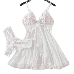 Ice Silk Thin Halter Sexy Pajamas Lace Nightdress And Thong Sets Plus Size Nightwear Women Underwear Sleepwear Transparent Dress
